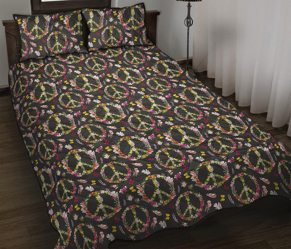 Hippie Peace Sign Flower Pattern Print Quilt Bed Set