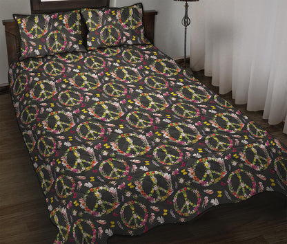 Hippie Peace Sign Flower Pattern Print Quilt Bed Set