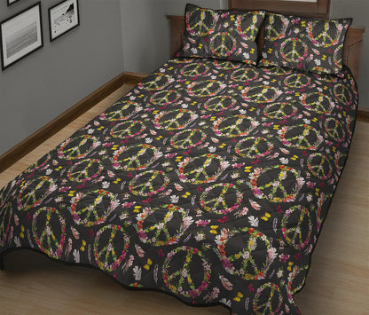 Hippie Peace Sign Flower Pattern Print Quilt Bed Set