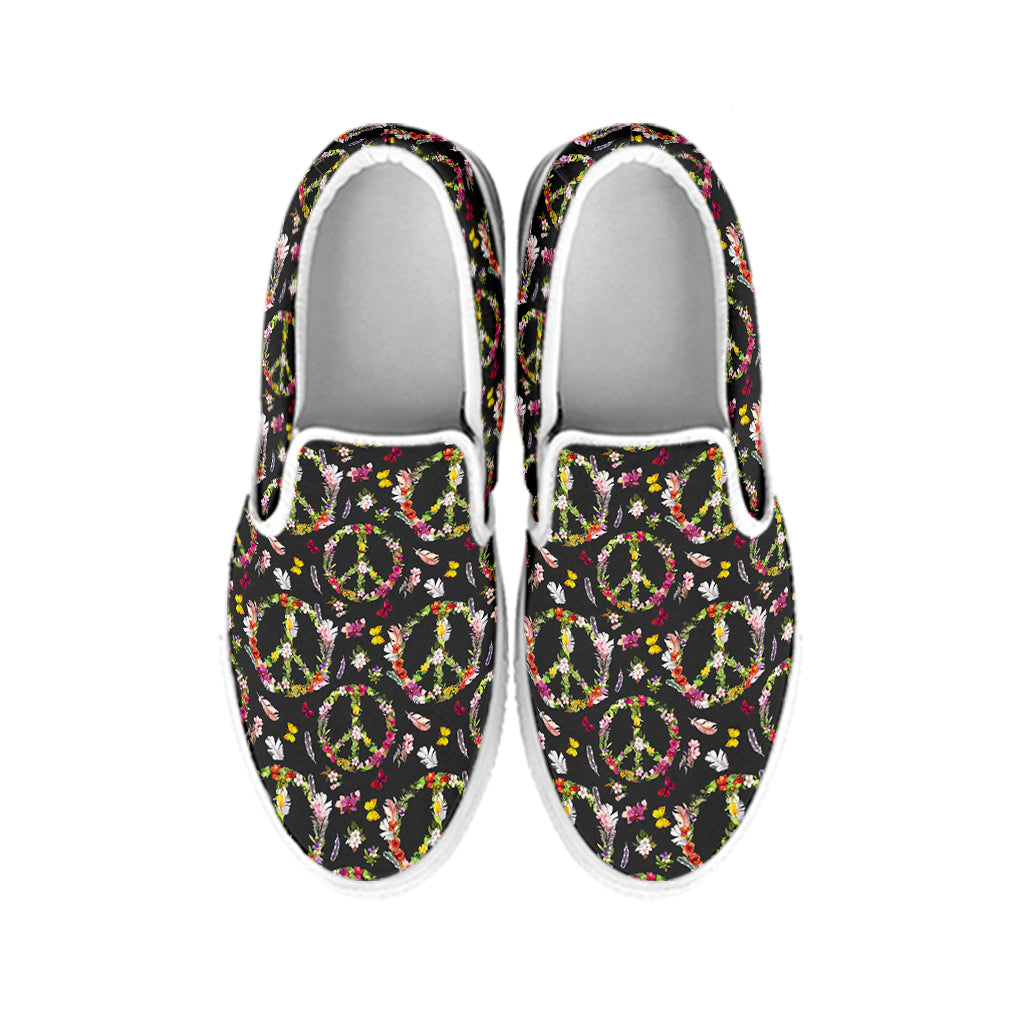 Hippie Peace Sign Flower Pattern Print White Slip On Shoes