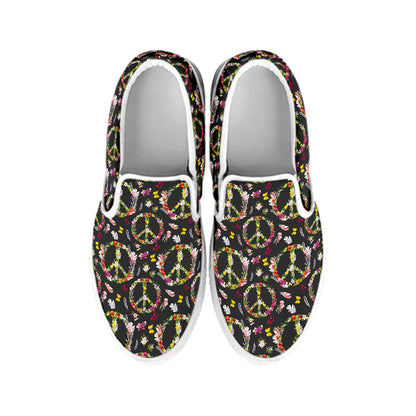 Hippie Peace Sign Flower Pattern Print White Slip On Shoes
