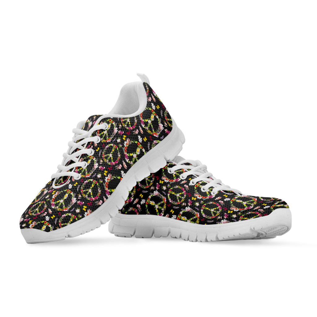 Hippie Peace Sign Flower Pattern Print White Sneakers