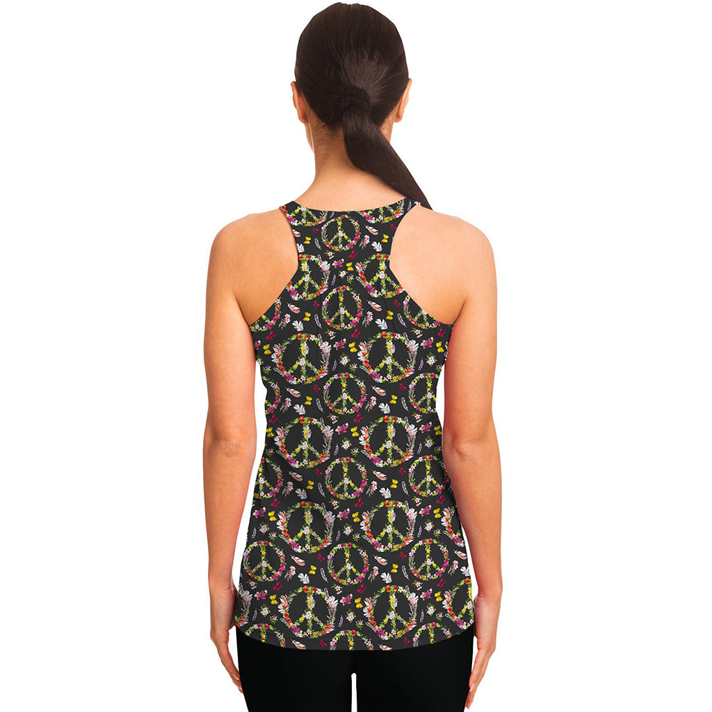 Hippie Peace Sign Flower Pattern Print Women's Racerback Tank Top