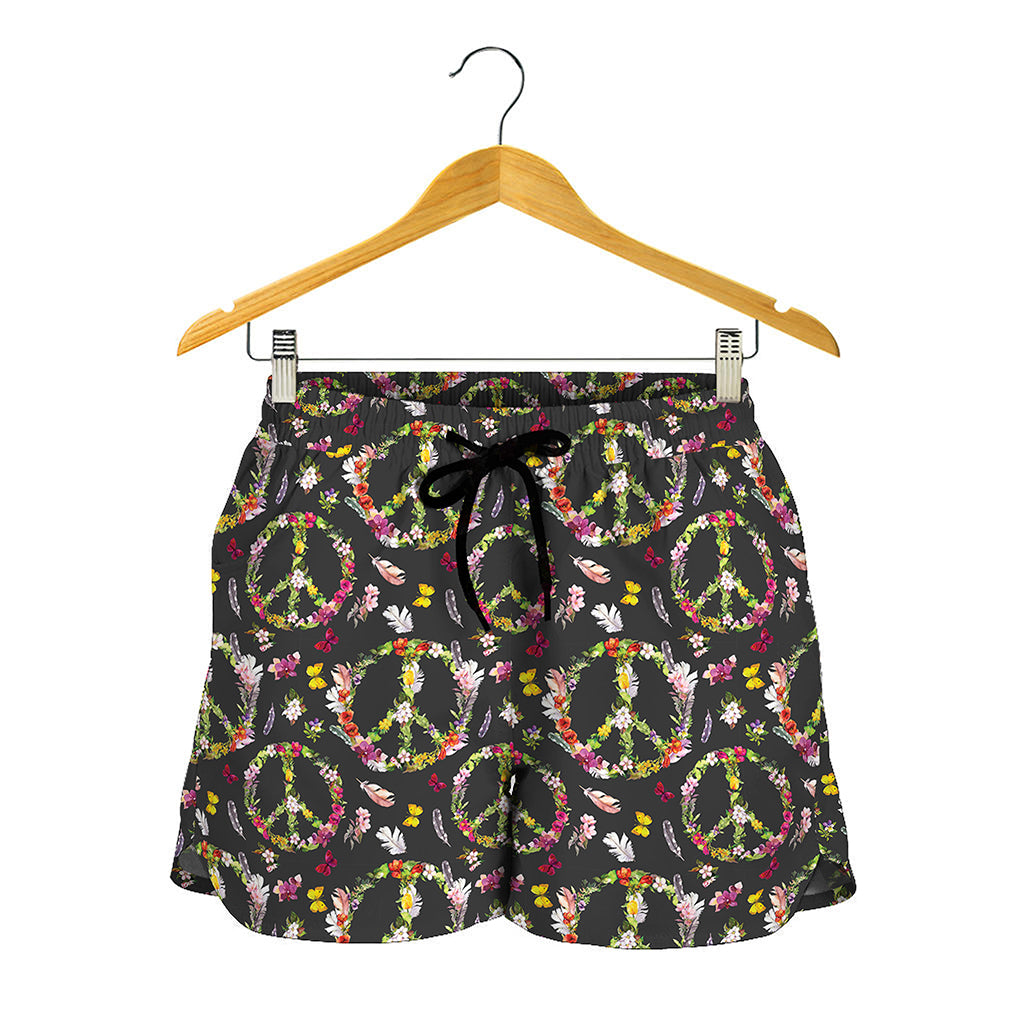 Hippie Peace Sign Flower Pattern Print Women's Shorts