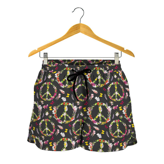 Hippie Peace Sign Flower Pattern Print Women's Shorts