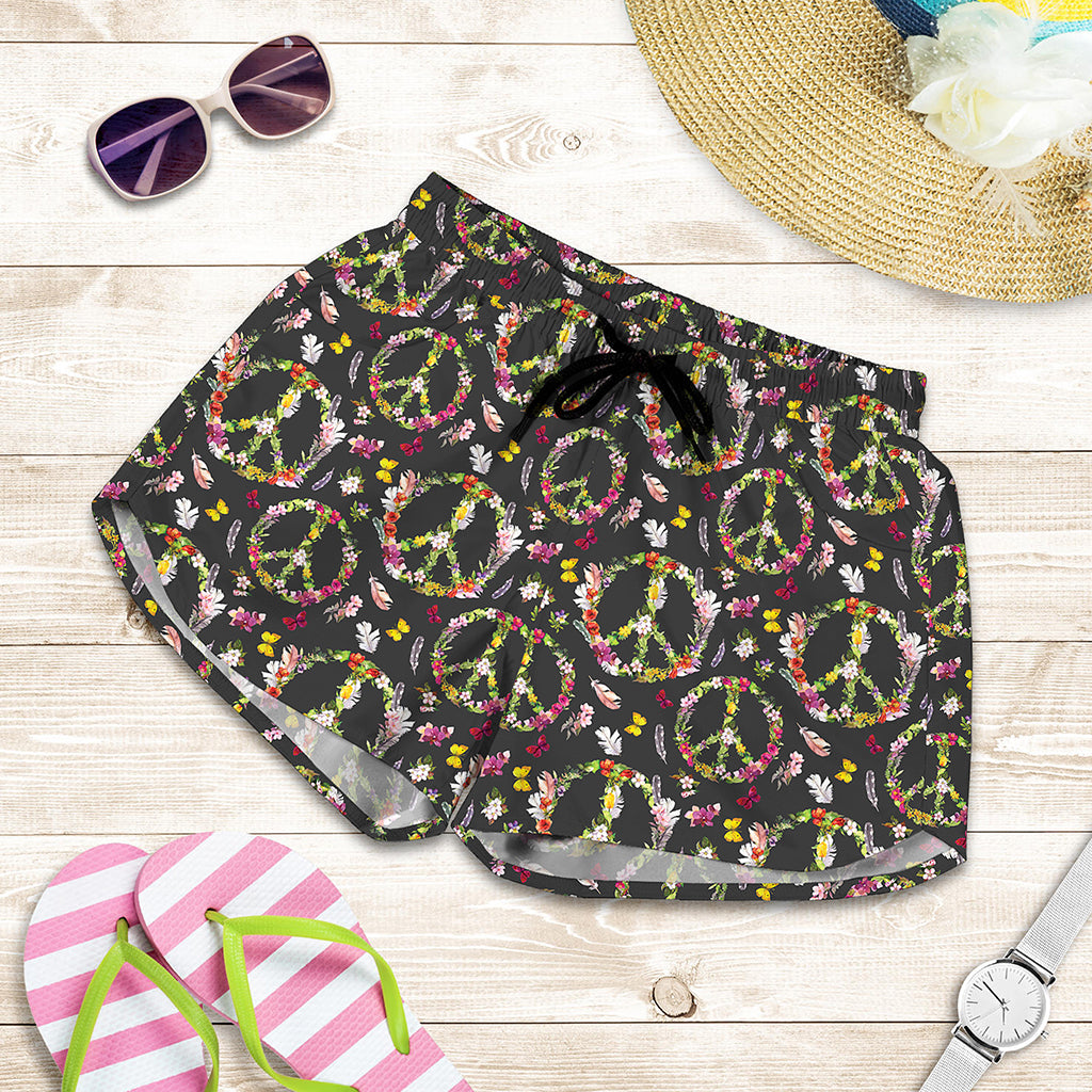 Hippie Peace Sign Flower Pattern Print Women's Shorts