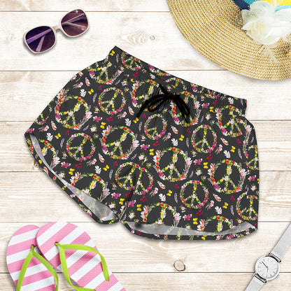 Hippie Peace Sign Flower Pattern Print Women's Shorts
