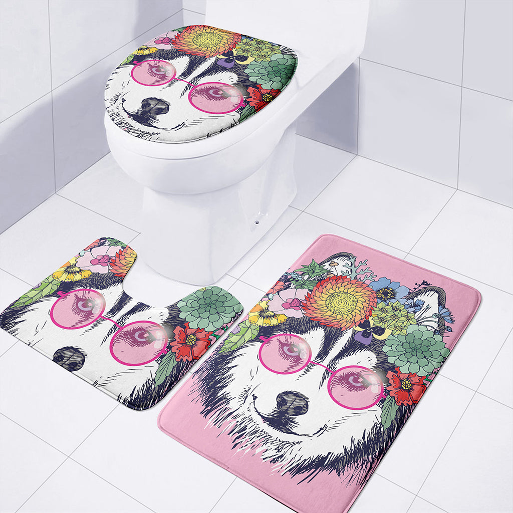 Hippie Siberian Husky Print 3 Piece Bath Mat Set