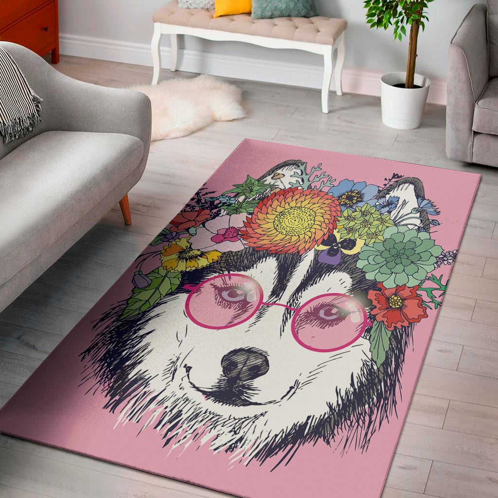 Hippie Siberian Husky Print Area Rug