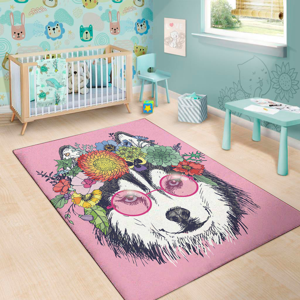 Hippie Siberian Husky Print Area Rug