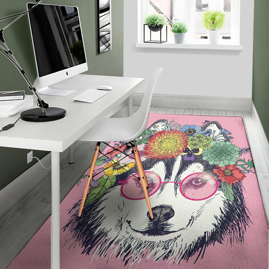 Hippie Siberian Husky Print Area Rug