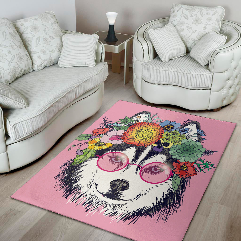 Hippie Siberian Husky Print Area Rug