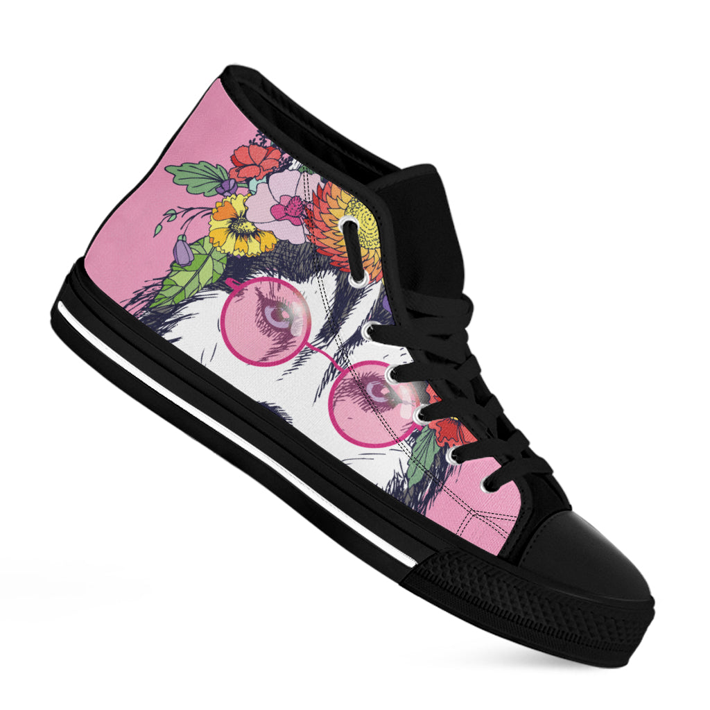 Hippie Siberian Husky Print Black High Top Shoes