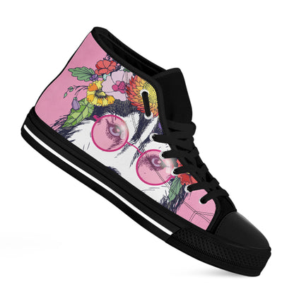 Hippie Siberian Husky Print Black High Top Shoes