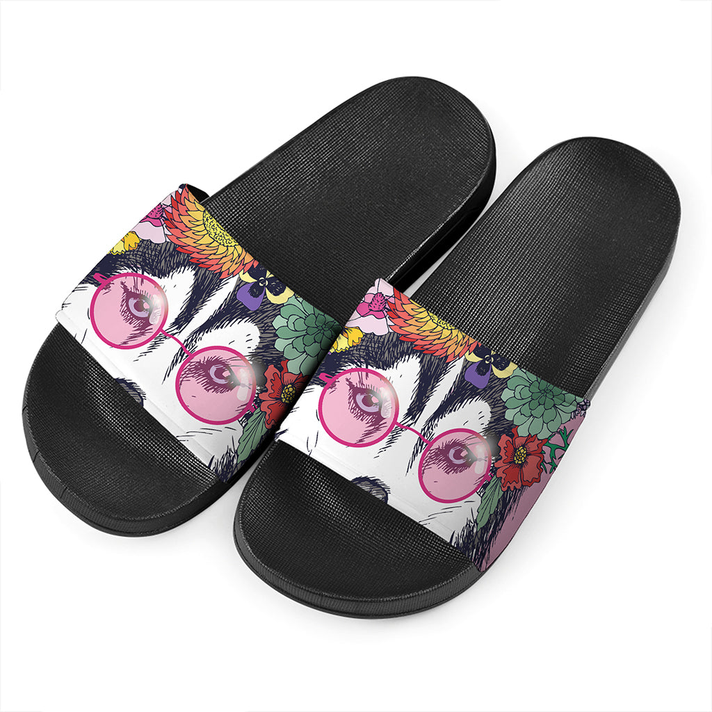 Hippie Siberian Husky Print Black Slide Sandals