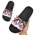 Hippie Siberian Husky Print Black Slide Sandals