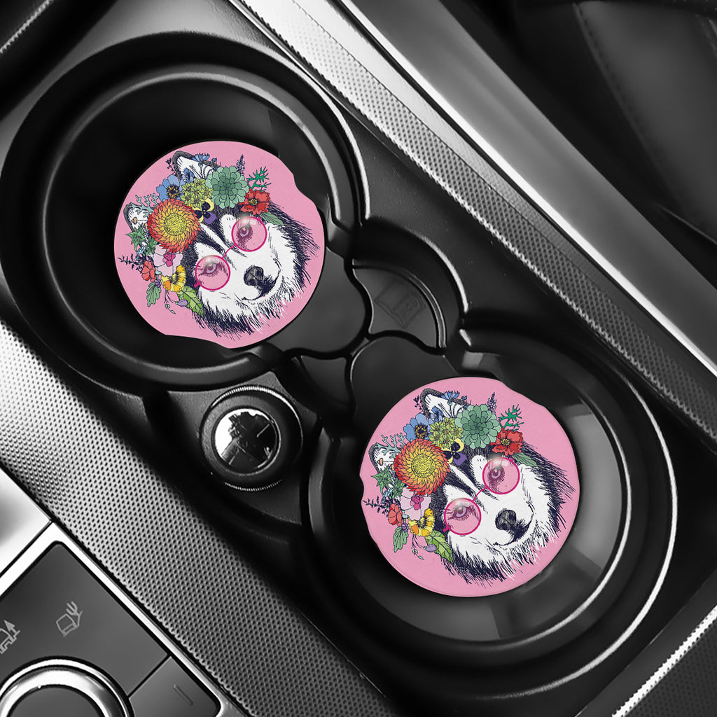 Hippie Siberian Husky Print Car Coasters