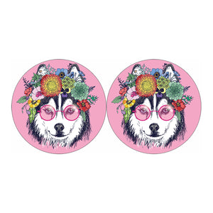 Hippie Siberian Husky Print Car Coasters