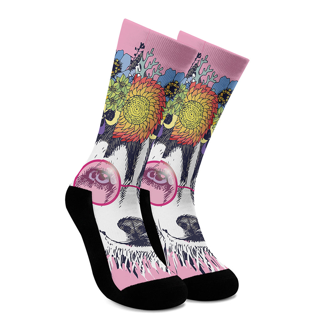 Hippie Siberian Husky Print Crew Socks