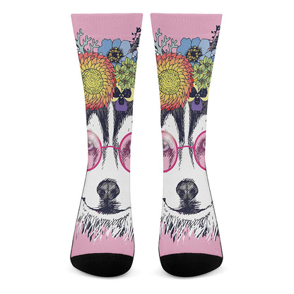 Hippie Siberian Husky Print Crew Socks