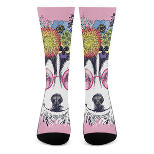 Hippie Siberian Husky Print Crew Socks