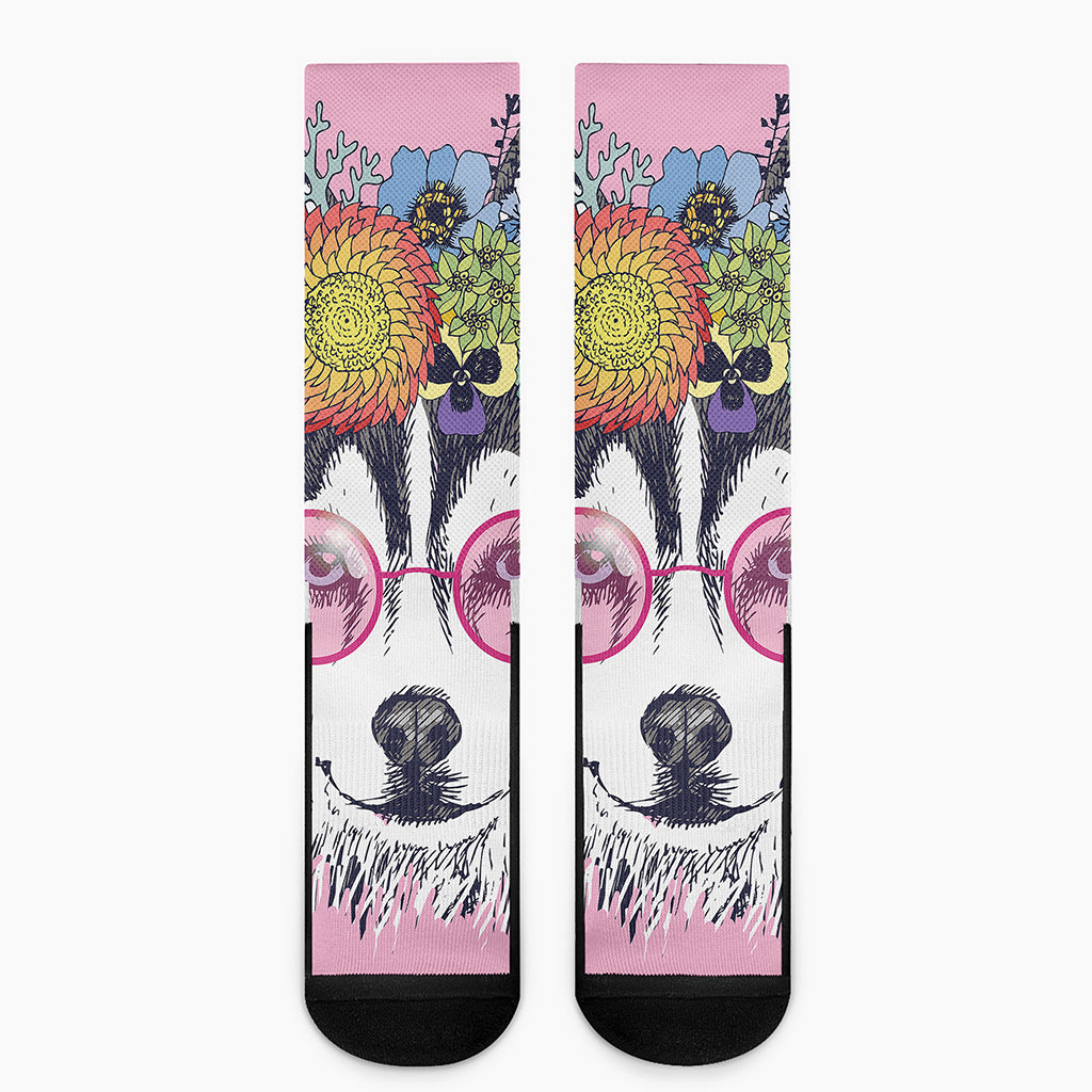 Hippie Siberian Husky Print Crew Socks