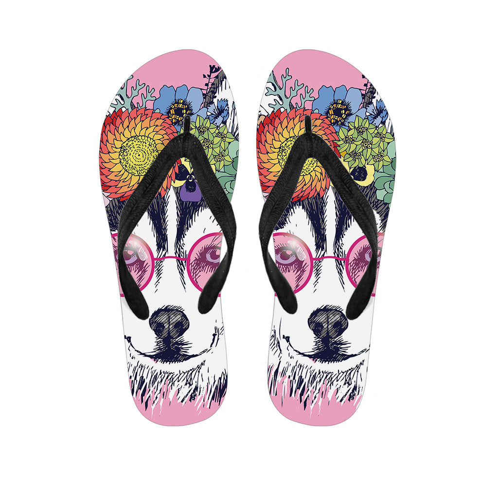 Hippie Siberian Husky Print Flip Flops