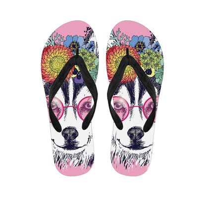 Hippie Siberian Husky Print Flip Flops