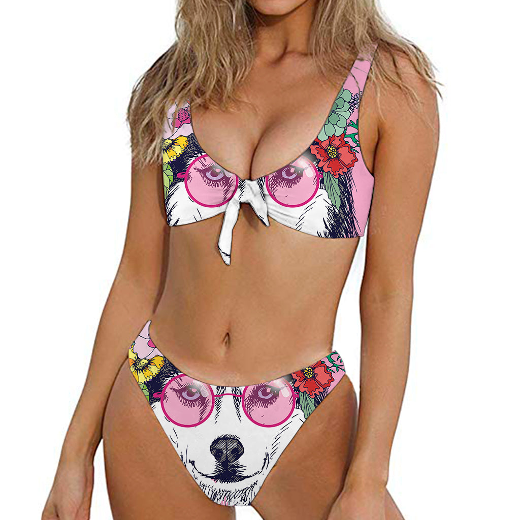 Hippie Siberian Husky Print Front Bow Tie Bikini