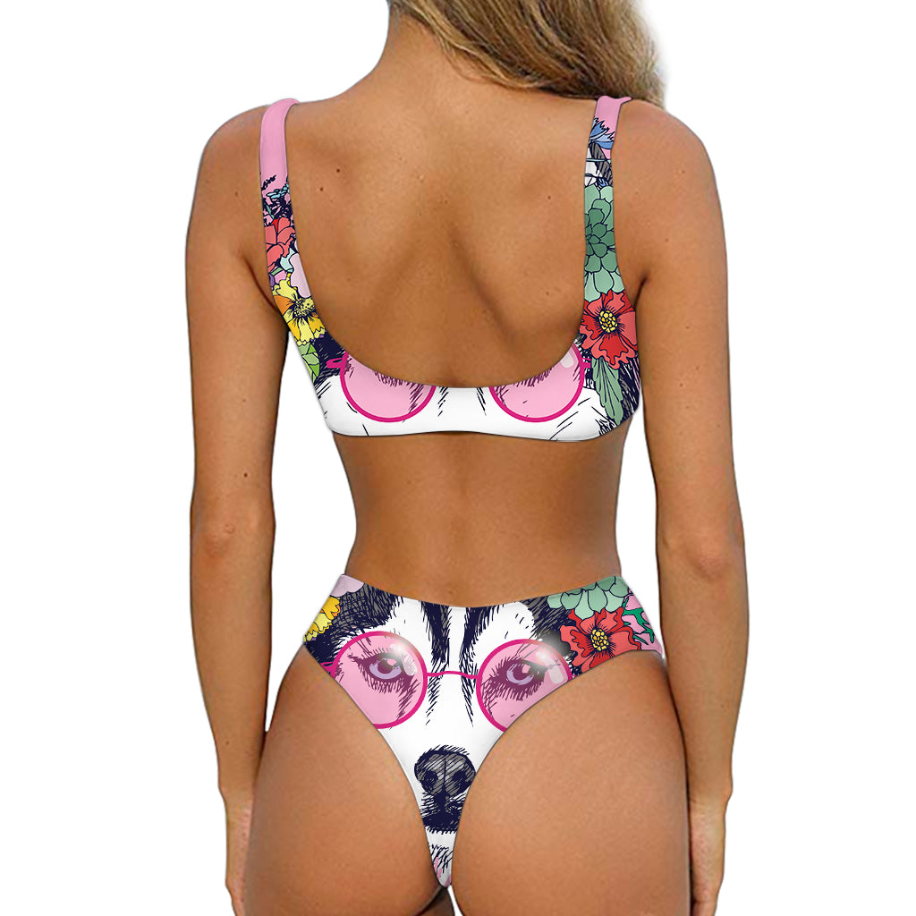 Hippie Siberian Husky Print Front Bow Tie Bikini