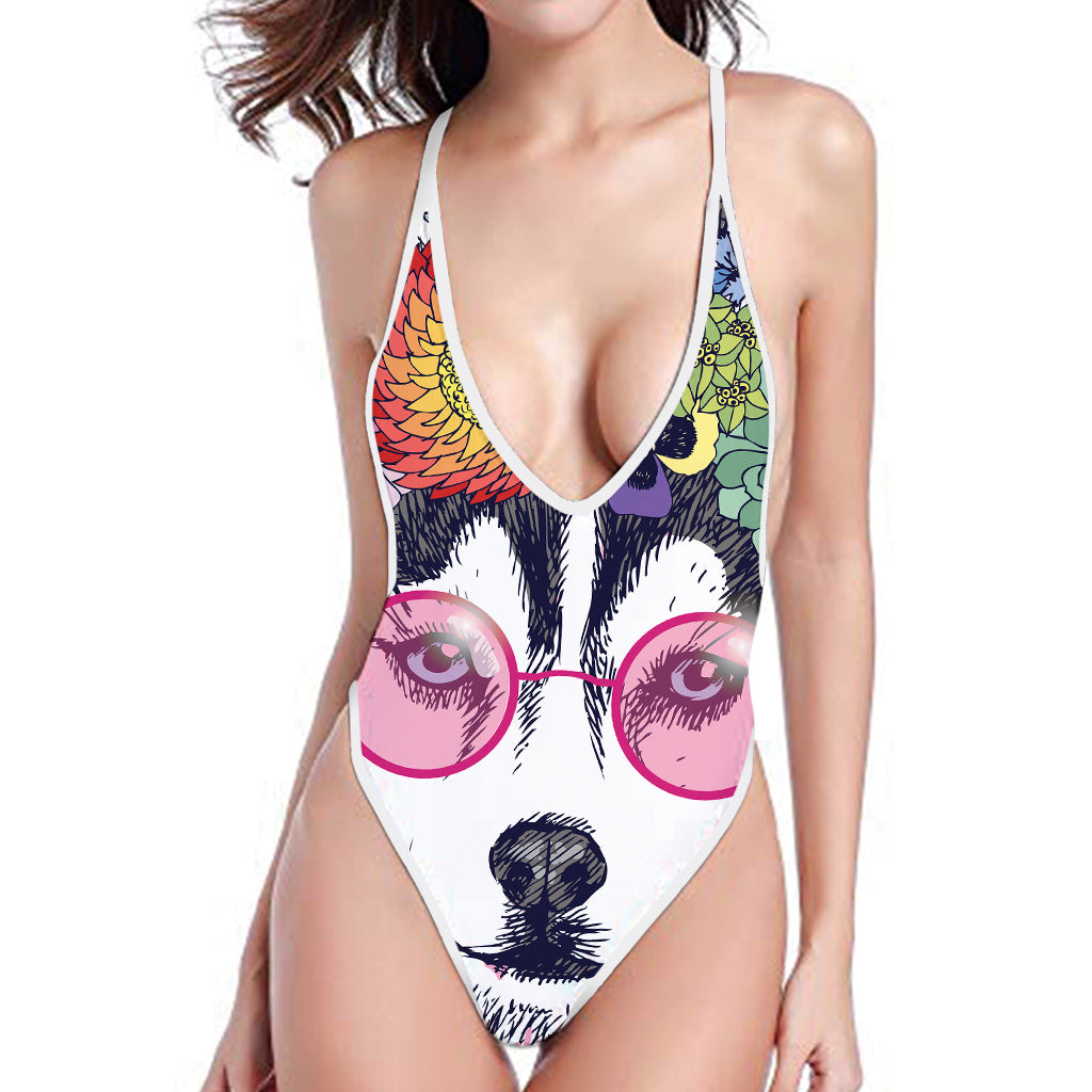 Hippie Siberian Husky Print High Cut One Piece Swimsuit