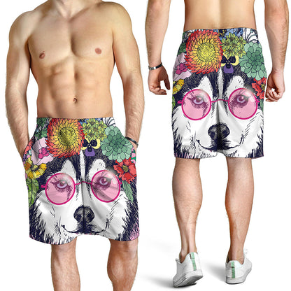 Hippie Siberian Husky Print Men's Shorts