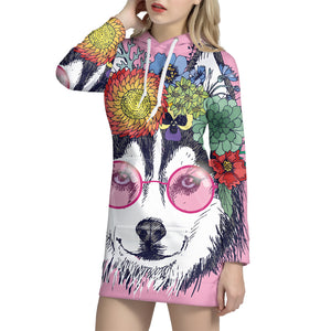 Hippie Siberian Husky Print Pullover Hoodie Dress
