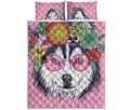 Hippie Siberian Husky Print Quilt Bed Set