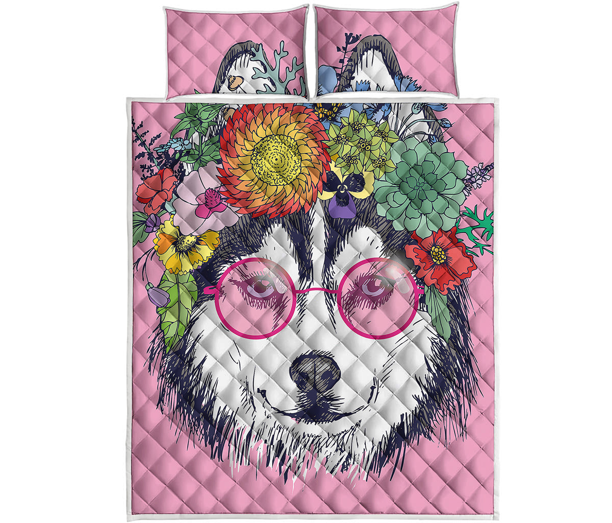 Hippie Siberian Husky Print Quilt Bed Set