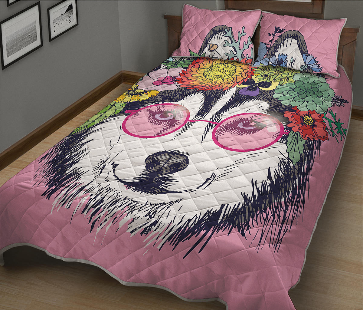 Hippie Siberian Husky Print Quilt Bed Set