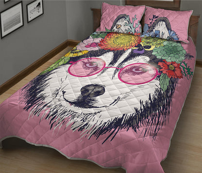 Hippie Siberian Husky Print Quilt Bed Set
