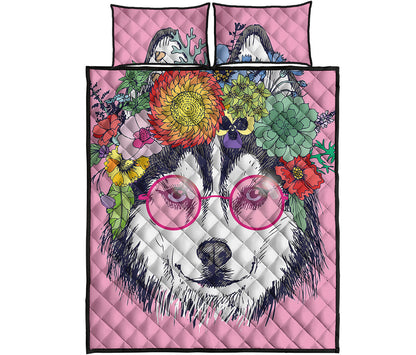 Hippie Siberian Husky Print Quilt Bed Set