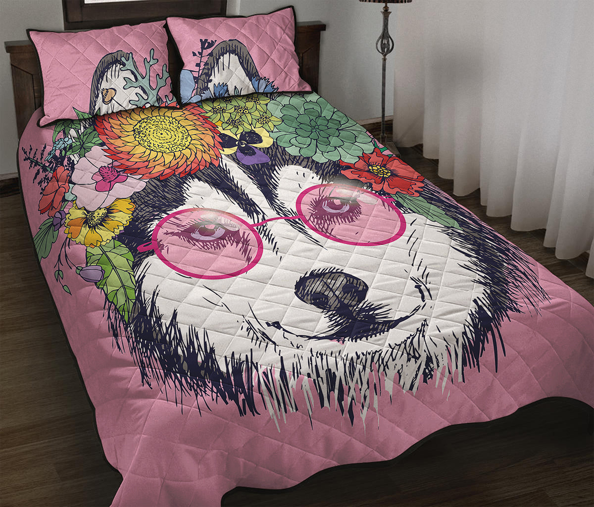 Hippie Siberian Husky Print Quilt Bed Set