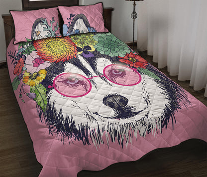 Hippie Siberian Husky Print Quilt Bed Set