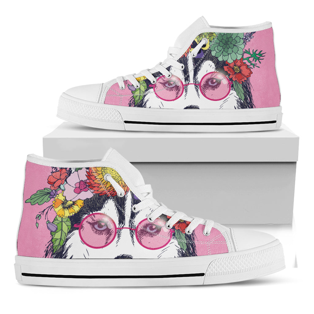 Hippie Siberian Husky Print White High Top Shoes