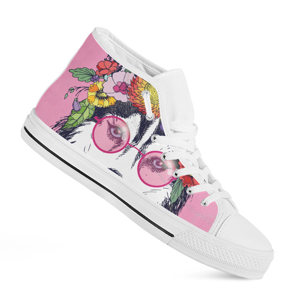 Hippie Siberian Husky Print White High Top Shoes