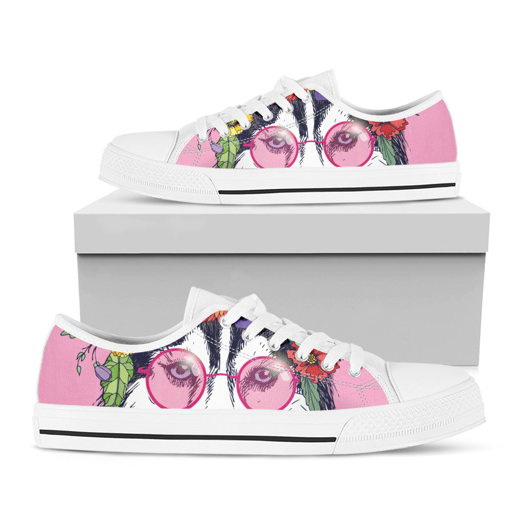 Hippie Siberian Husky Print White Low Top Shoes
