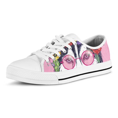 Hippie Siberian Husky Print White Low Top Shoes