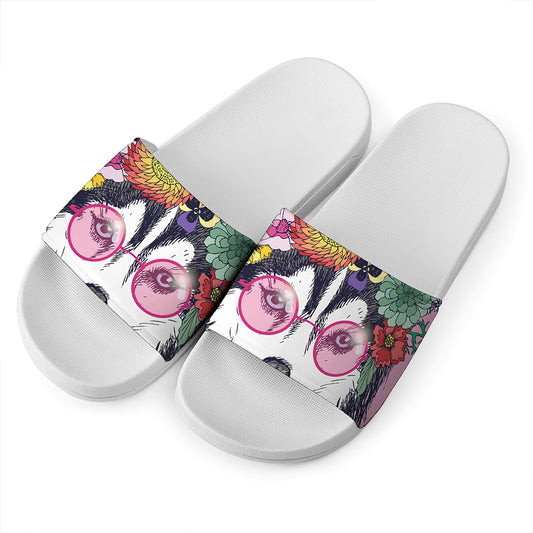 Hippie Siberian Husky Print White Slide Sandals