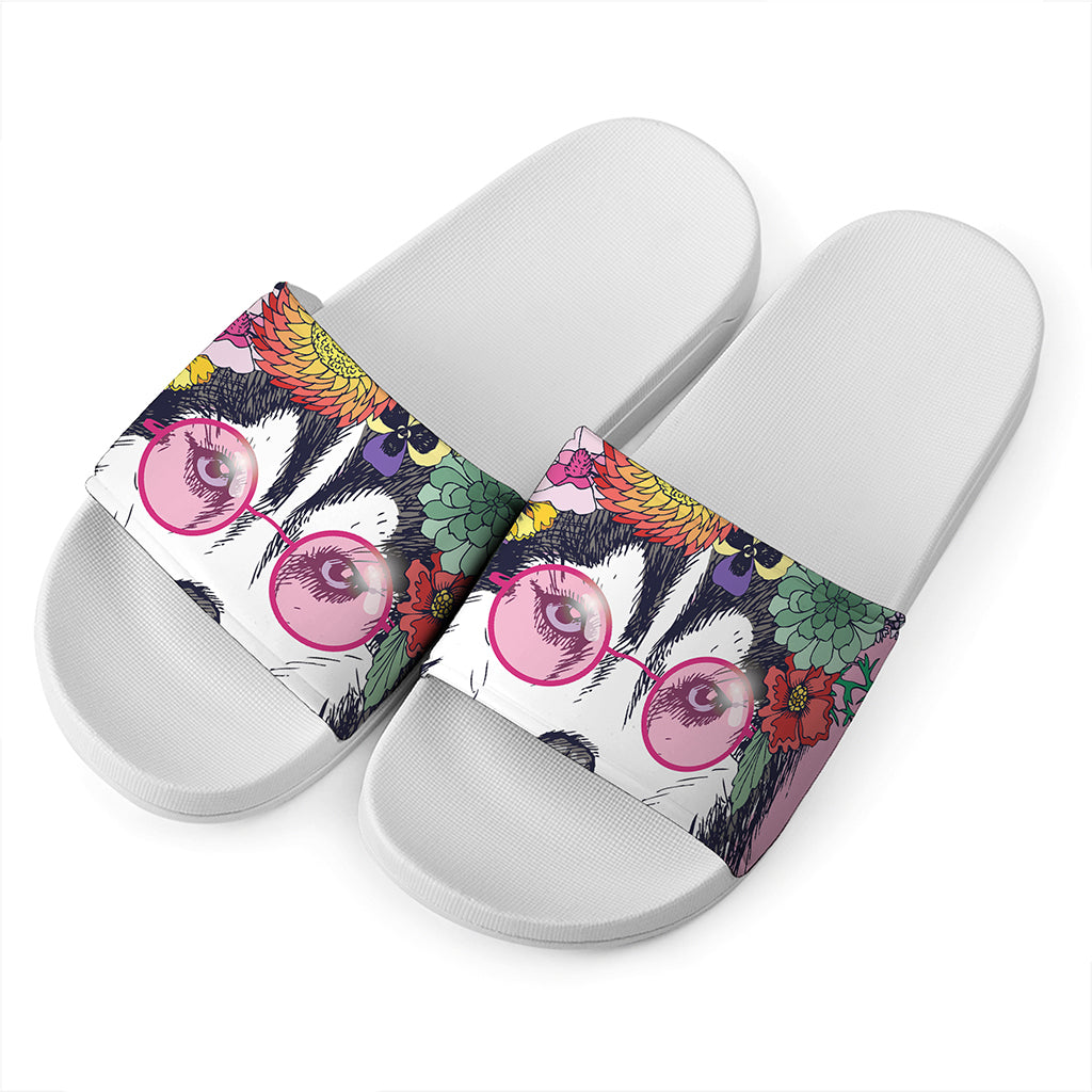 Hippie Siberian Husky Print White Slide Sandals