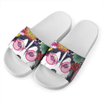 Hippie Siberian Husky Print White Slide Sandals