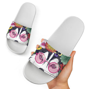 Hippie Siberian Husky Print White Slide Sandals