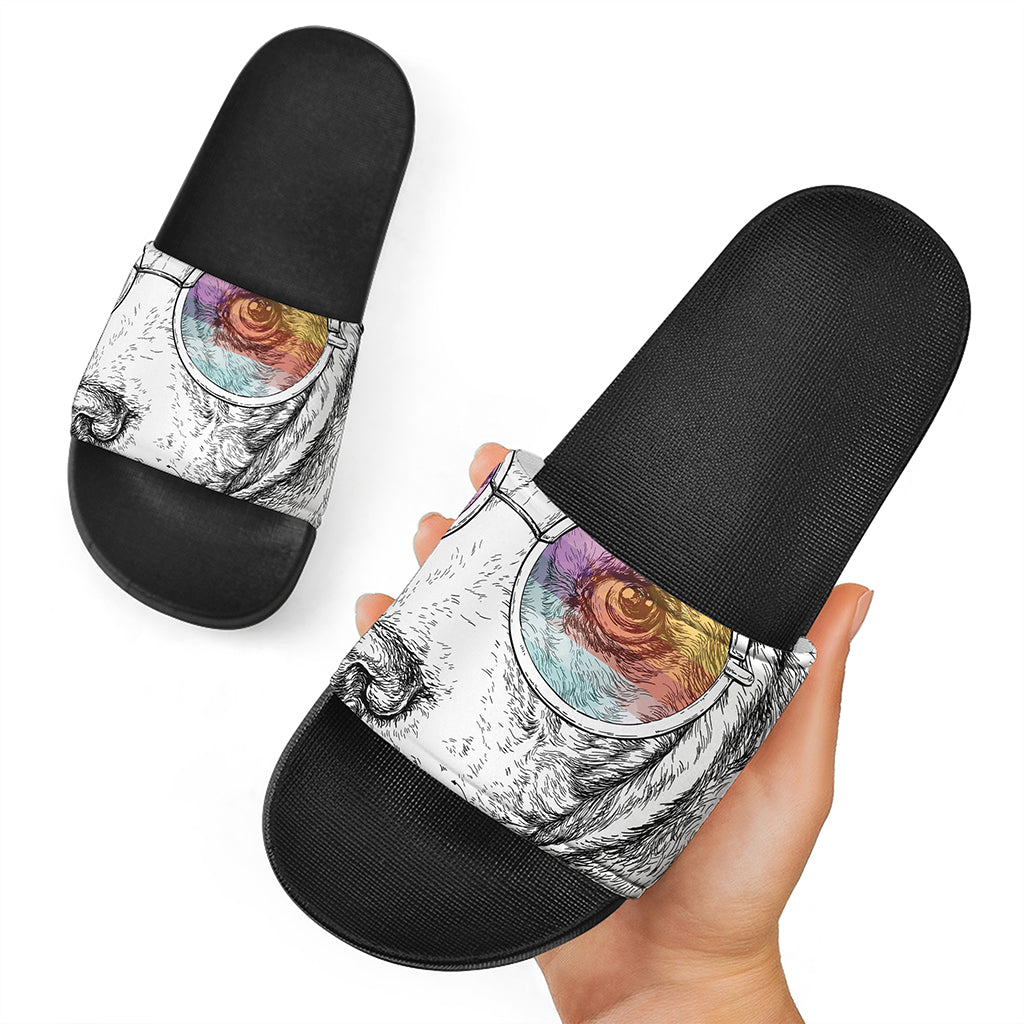 Hipster Beagle With Glasses Print Black Slide Sandals