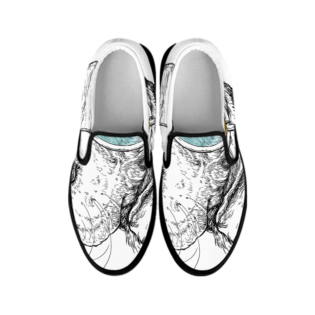 Hipster Beagle With Glasses Print Black Slip On Shoes